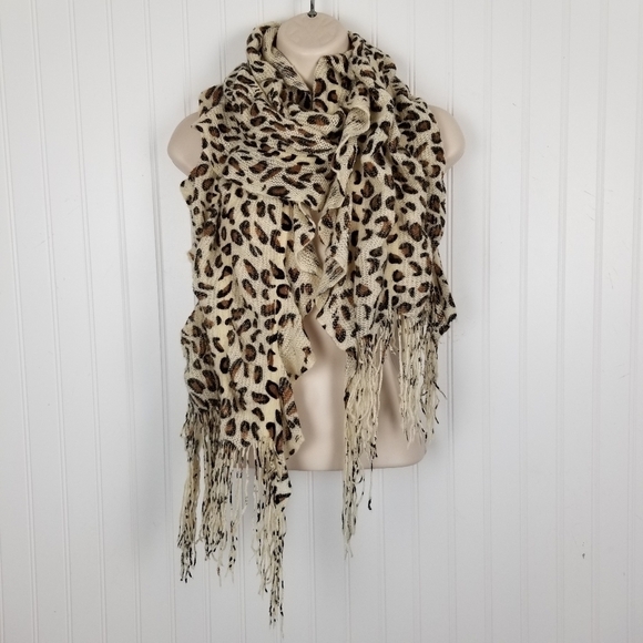 Scarf Animal Print Twisted Stretch Textured Ruffle Long Fringe Lightweight Cream - Picture 4 of 4